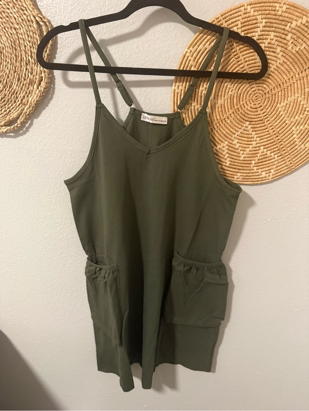 NWOT Zenana Olive Green Sleeveless Pocket Romper